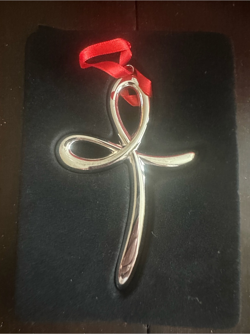 Nambe Silver Cross Ornament with Red Ribbon